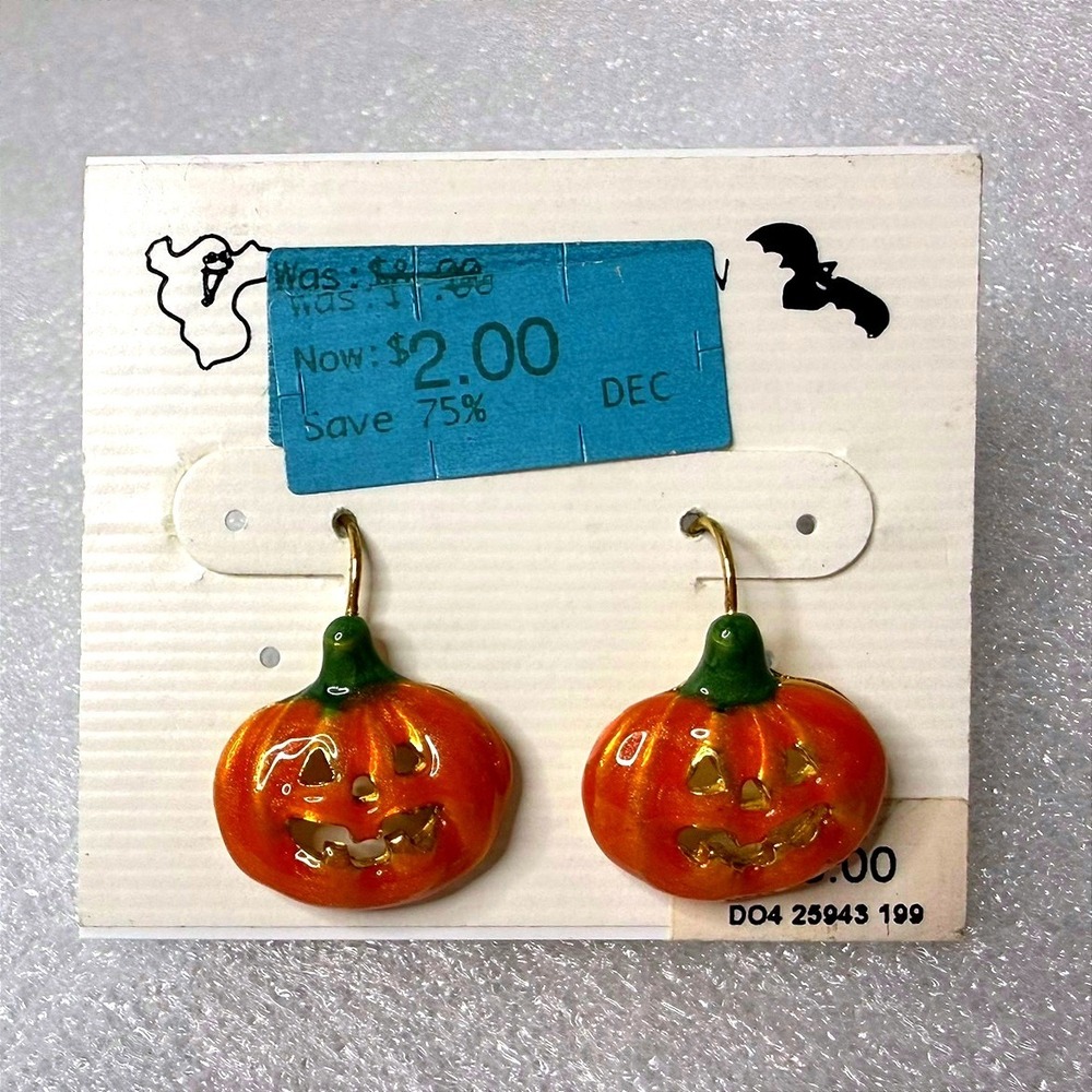 Halloween Pumpkin Jack-O-Lantern Orange Enamel Drop Earrings Gold Tone Hooks